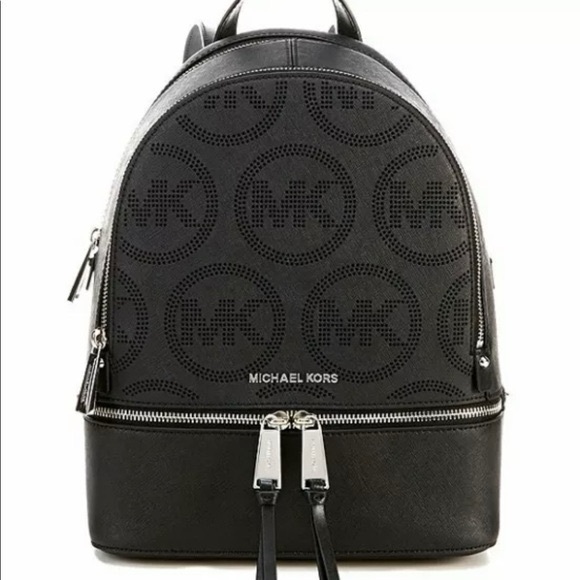 Michael Kors Rhea Medium Black Leather MK Circle Logo Backpack Silver Zip - Picture 1 of 16